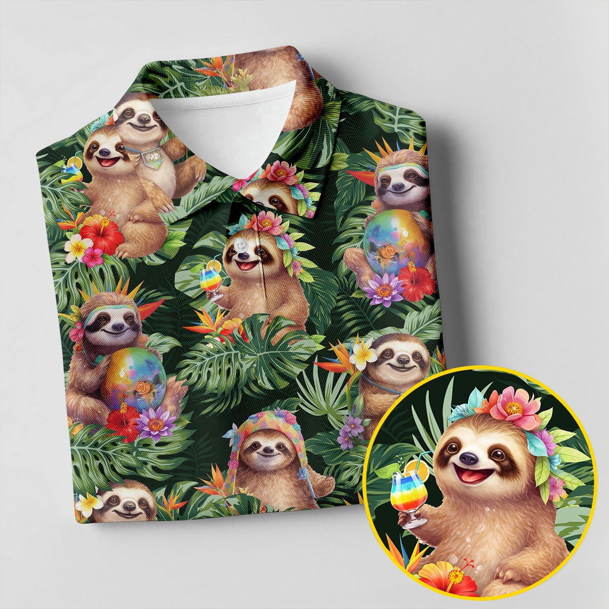 Funny Sloth Hawaiian Summer Golf Tops For Men, Hawaiian Golf Shirts, Polo Shirtor Men
