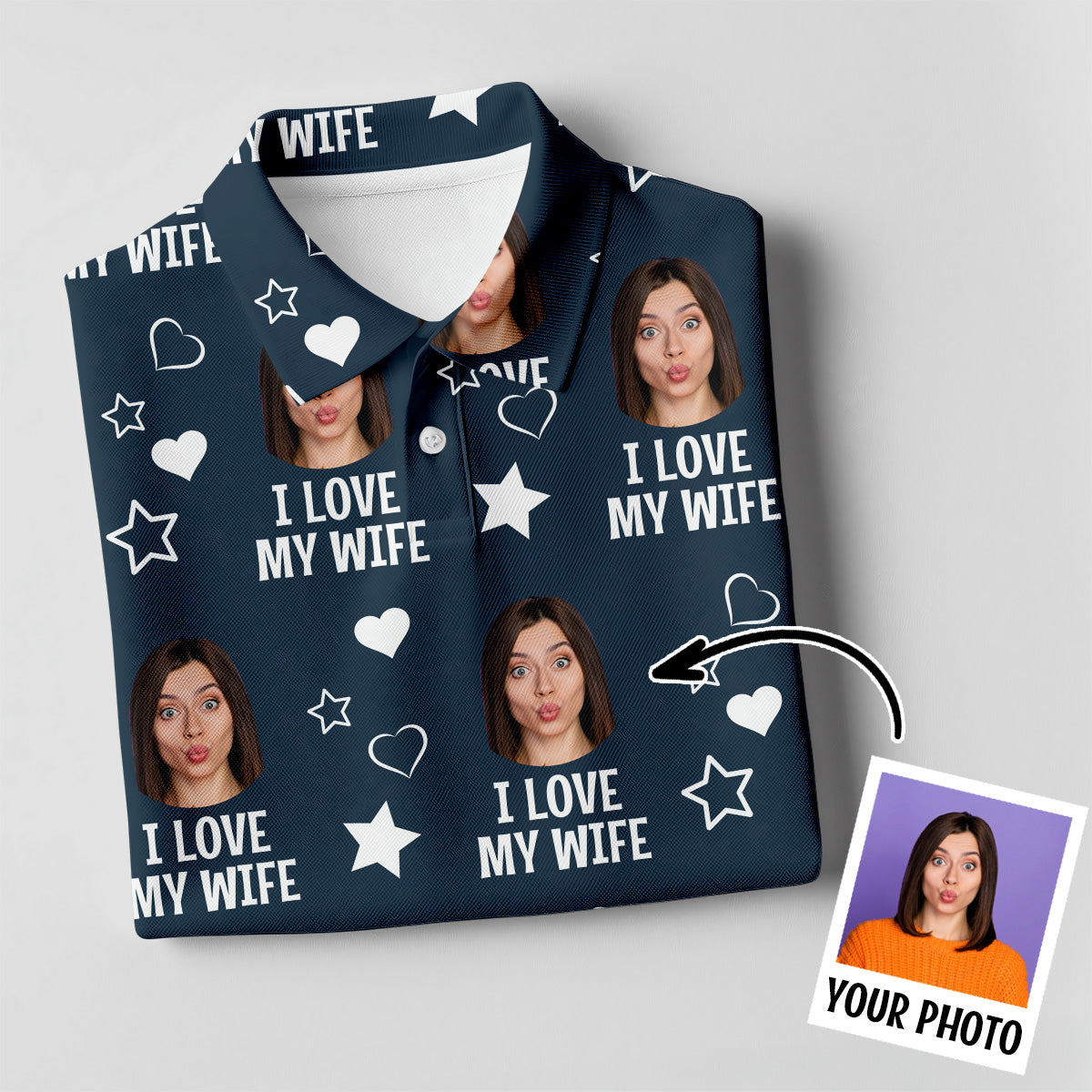 I Love My Husband Custom Face Navy Golf Shirt, Fun Women's Golf Shirts, Valentines Golf Gift, Ladies Golf Shirts