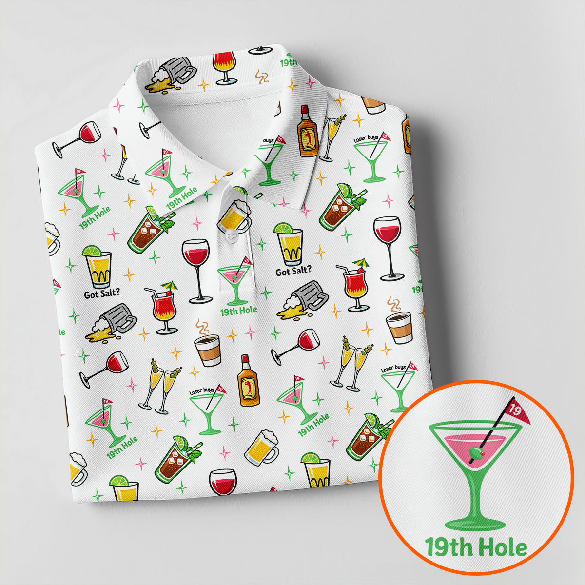 19th Hole Cocktail Drinks Pattern Golf Shirt, Women’s Golf Polo, Golf Shirts For Women