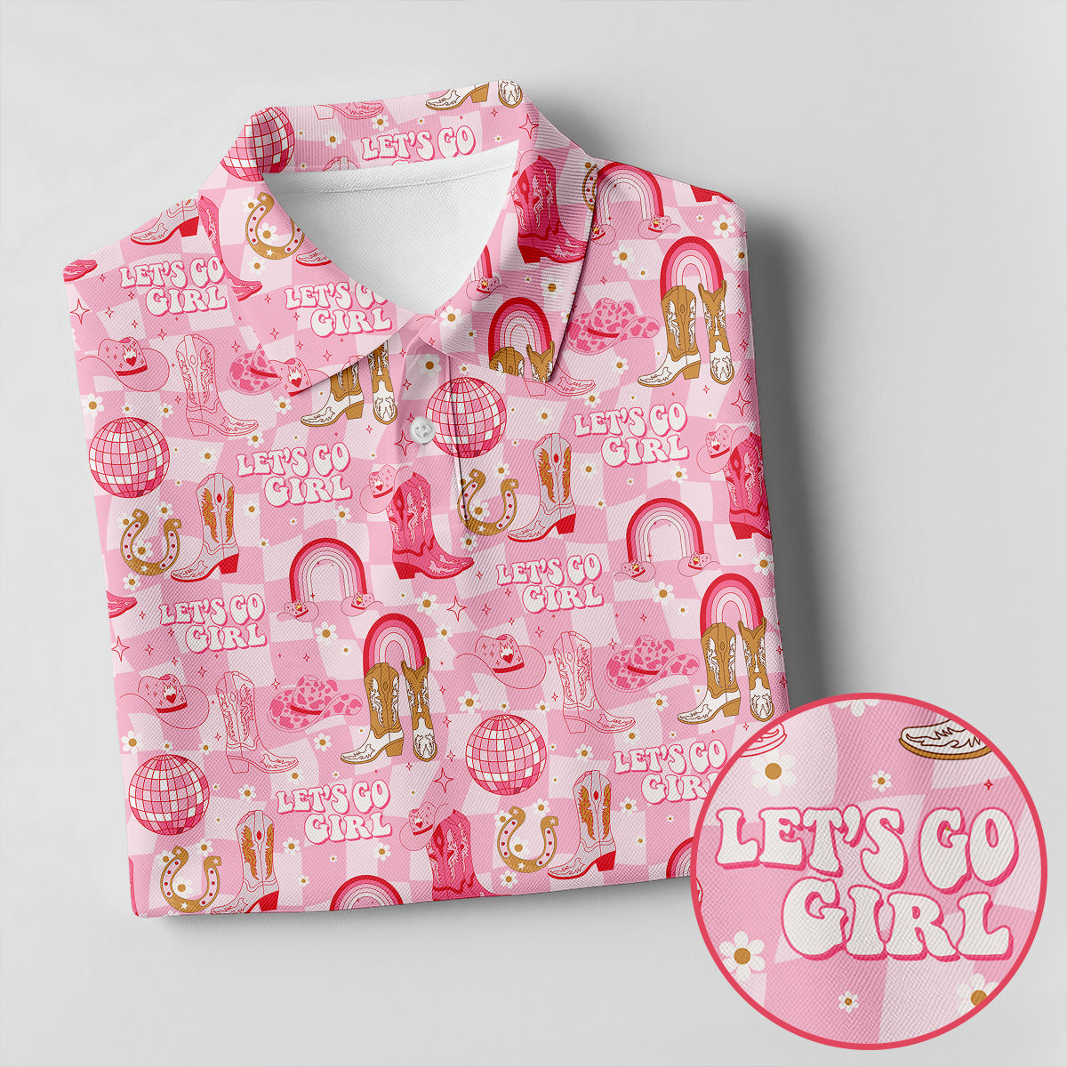 Let's Go Girl Pink Checkered Western Cowgirl Golf Tops For Men, Polo Shirtor Men, Golf Shirts For Men