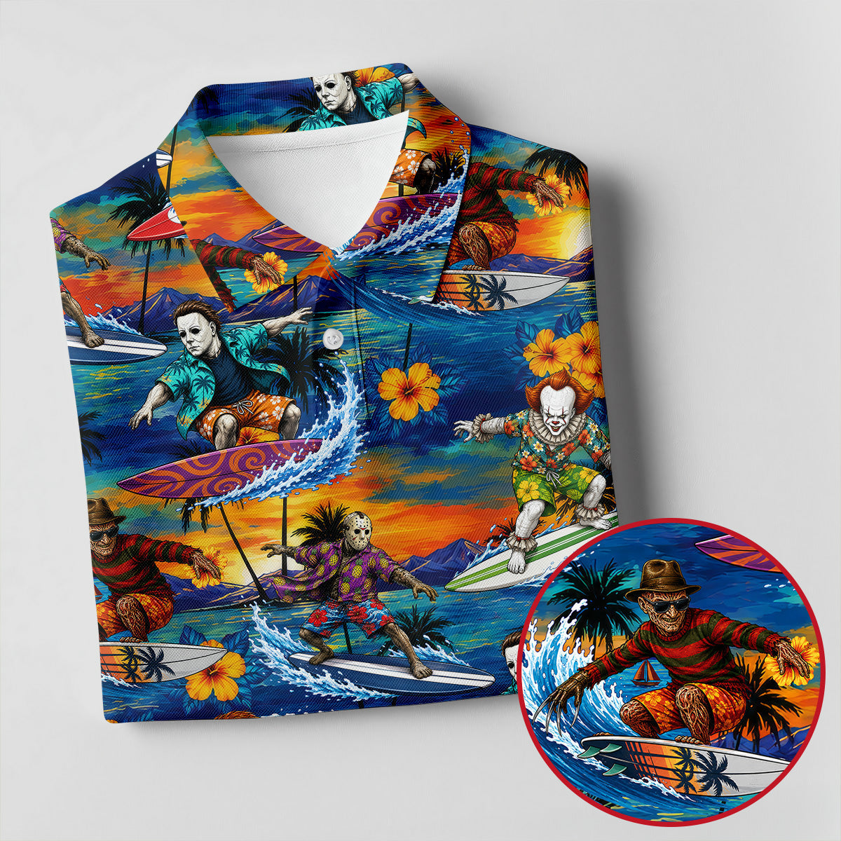 Retro Horror Character Villains Surfing Sunset Waves Golf Polo Shirt, Women's Golf Polo, Golf Tops For Women