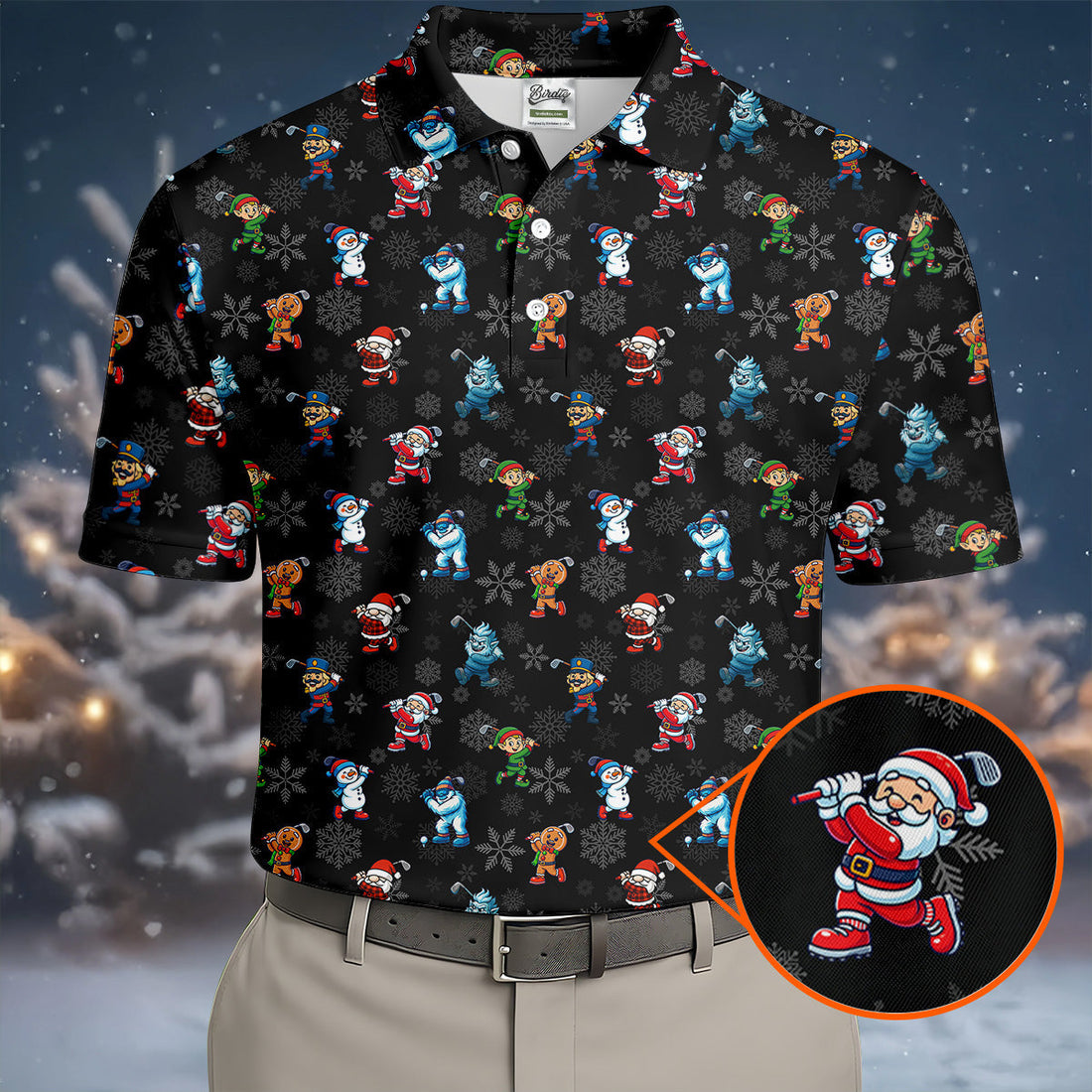 Funny Christmas Characters Golf Pose Black Golf Shirt, Christmas Golf Shirt, Polo ShirtFor Men
