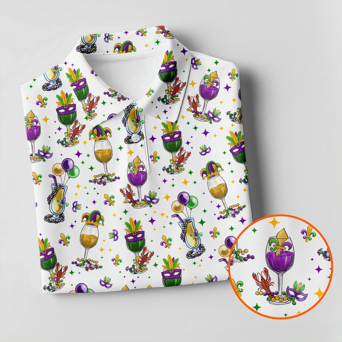 Mardi Gras Wine Glass Beaded Garland Fleur De Lis White Golf Shirt, Women's Golf Tops, Ladies Golf Polos