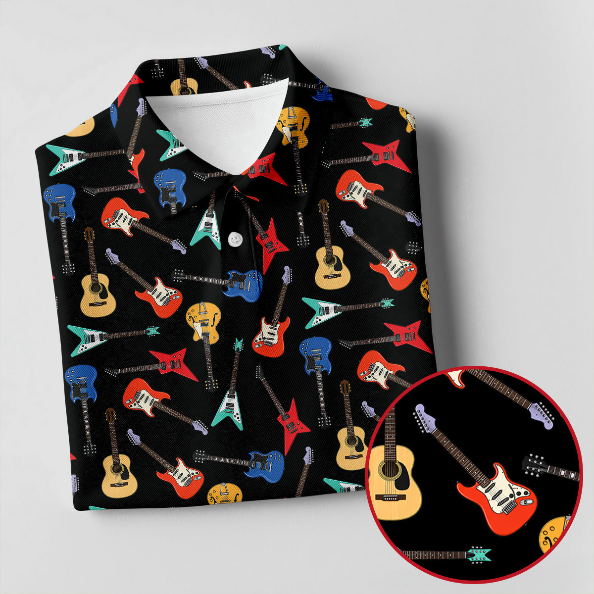 Electric Guitar Pattern Black Golf Shirt, Women’s Golf Polo, Golf Shirts For Women, Printed Golf Shirt