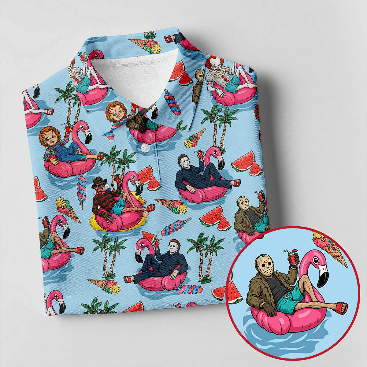 Retro Horror Character Villains Floating On Flamingo Pool Floats Golf Polo Shirt, Mens Golf Polo, Printed Golf Shirts