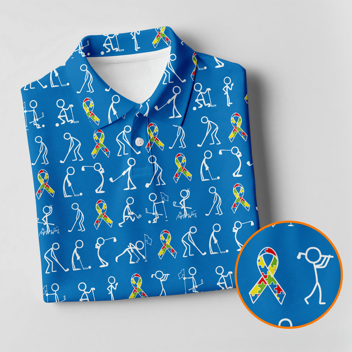Stick Figure Golf Pose Autism Ribbon Blue Golf Shirt, Autism Awareness Colors Ladies Golf Polos