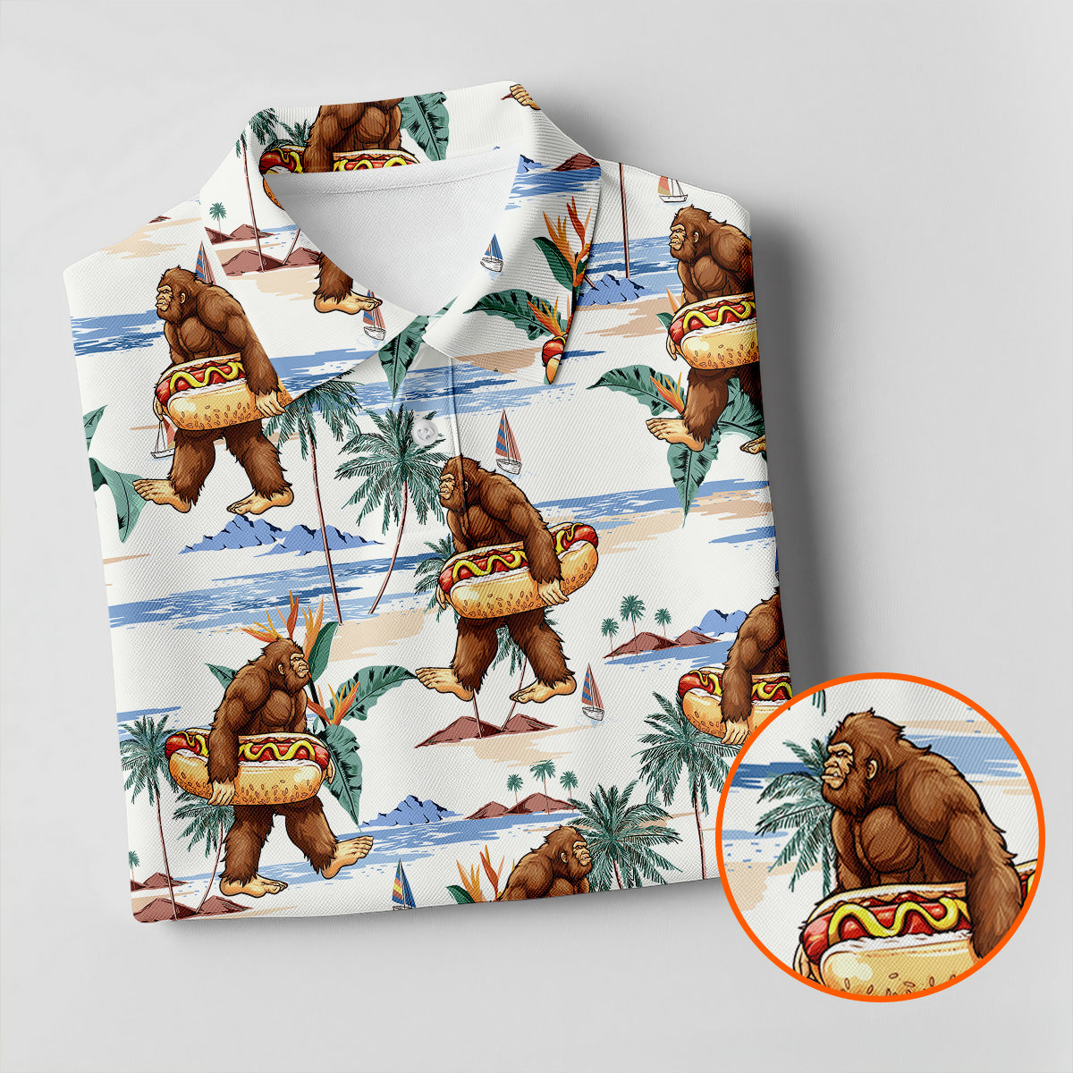Funny Bigfoot Carrying Hot Dog Float Beach Golf Polo Shirt, Hawaiian Golf Shirt, Golf Apparel For Men