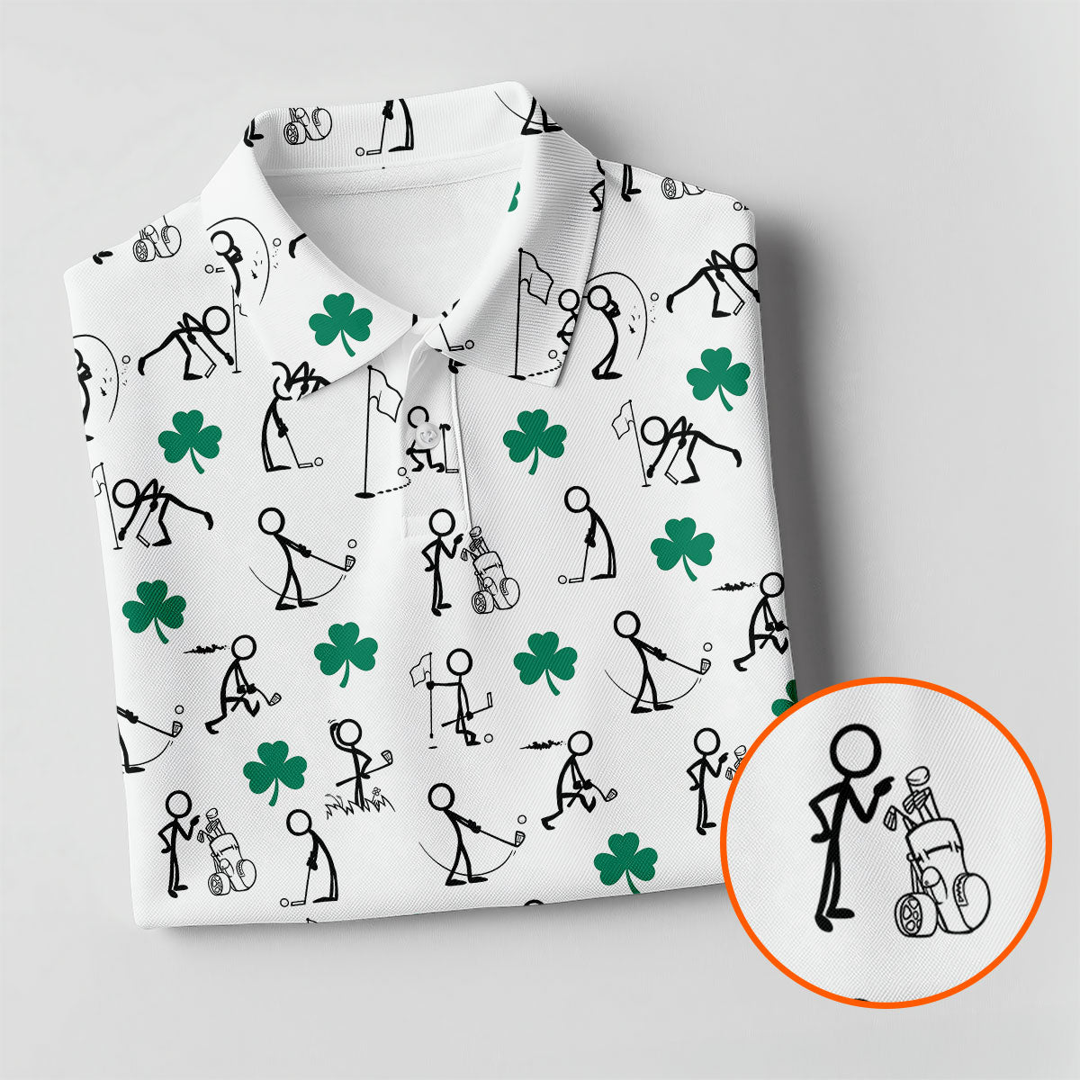 Stick Figure Golf Pose St Patrick's Day Shamrock White Golf Shirt, Polo ShirtFor Men, Golf Shirts For Men