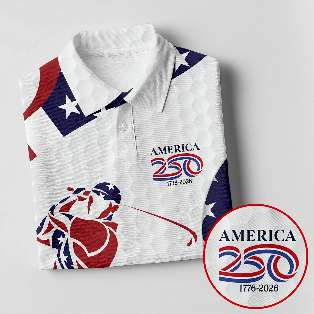 America 250 Golfer Pose Golf Ball Pattern 4th Of July Golf Shirt, Patriotic Golf Shirt, Golf Shirts For Men