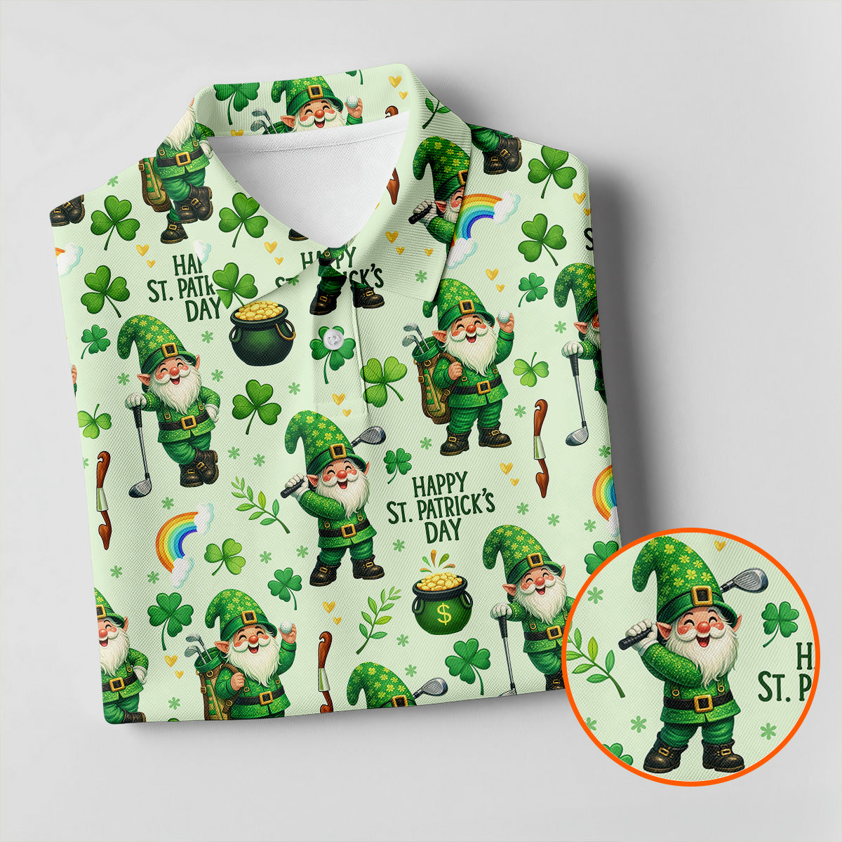 Happy St Patrick's Day Gnomes Shamrock Golf Shirt, Men's Funny Golf Shirts, Golf Shirts For Men