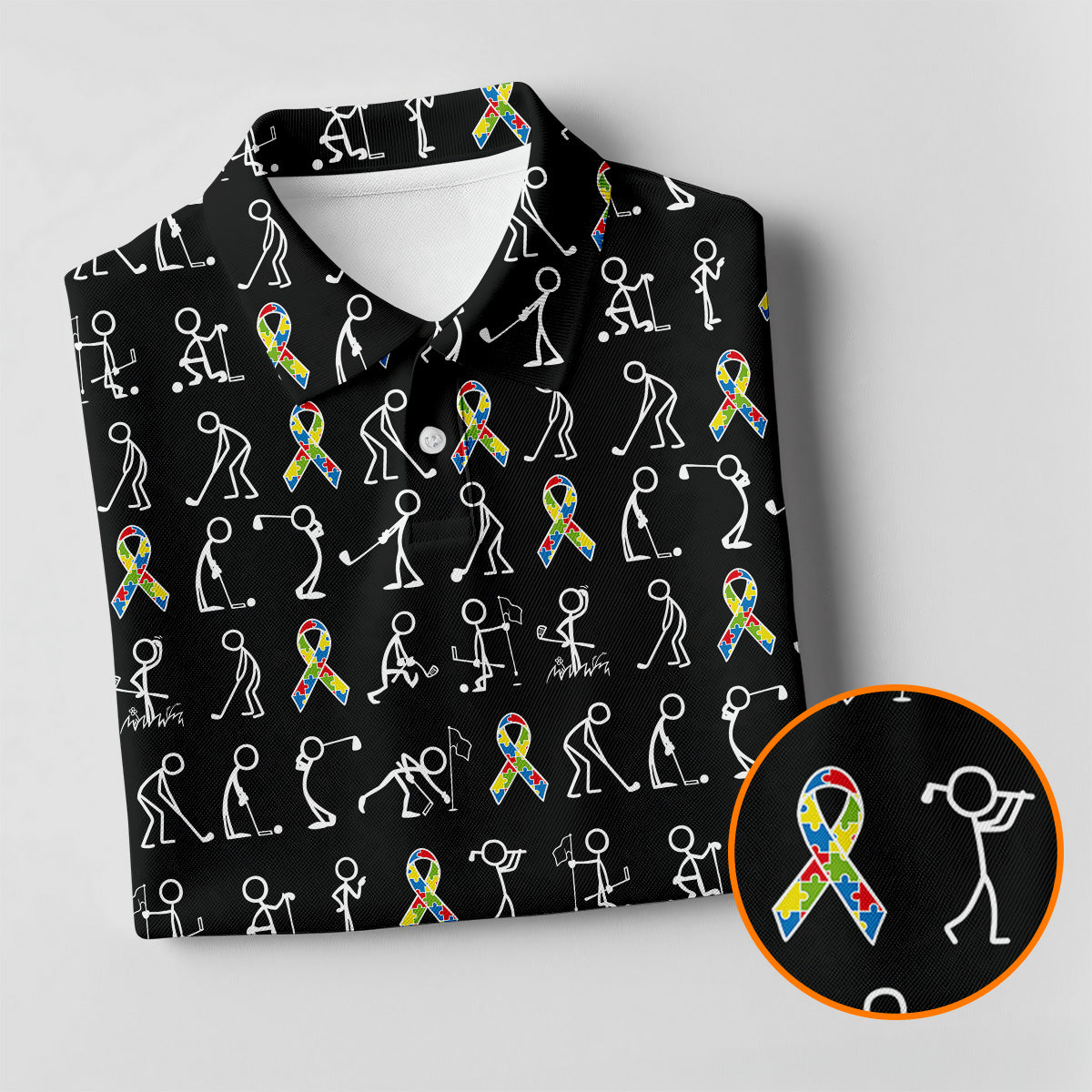 Stick Figure Golf Pose Autism Ribbon Black Golf Shirt, Autism Awareness Colors Ladies Golf Polos