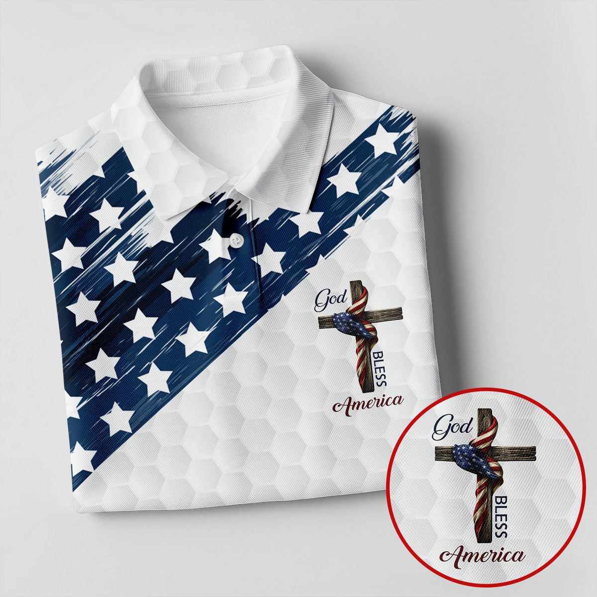 God Bless America Faith Cross US Flag Brush White Golf Shirt, Patriotic 4th Of July Golf Shirts For Men