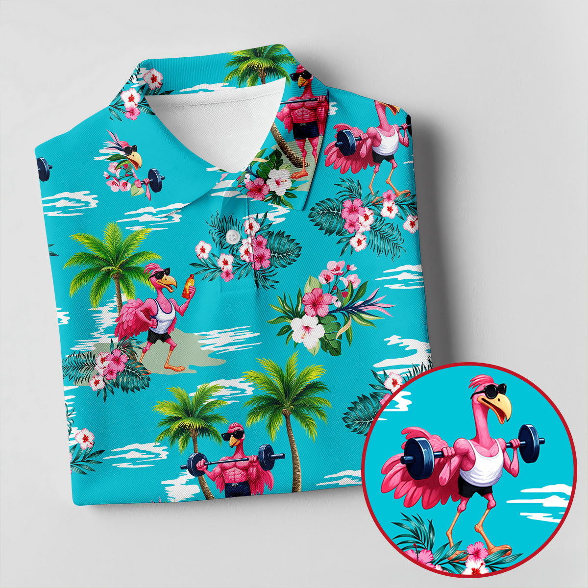 Funny Weightlifting Flamingo Tropical Hawaiian Golf Shirt, Mens Golf Polo, Printed Golf Shirts