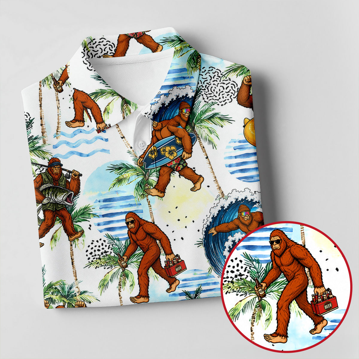 Tropical Bigfoot Surfing Fishing Beach Golf Shirt, Golf Tops For Women, Ladies Golf Shirts, Women’s Golf Apparel