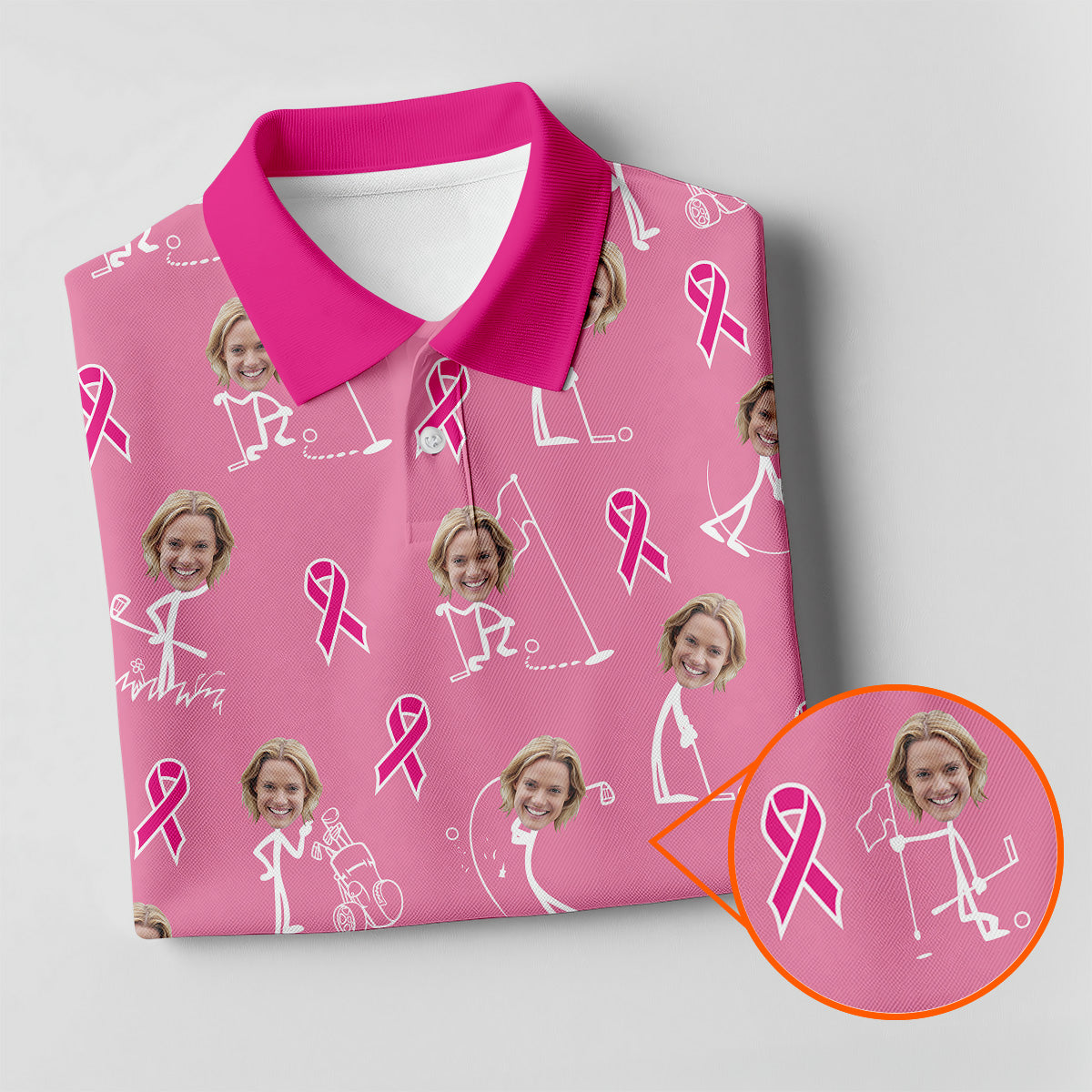 Funny Stick Figure Women's Golf Shirt, Custom Face Shirt, Breast Cancer Awareness Shirt, Pink Golf Shirt