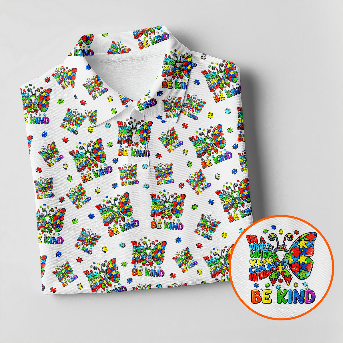 In A World Where You Can Be Anything Be Kind Rainbow Butterfly Autism Awareness White Golf Shirt, Golf Shirts For Men