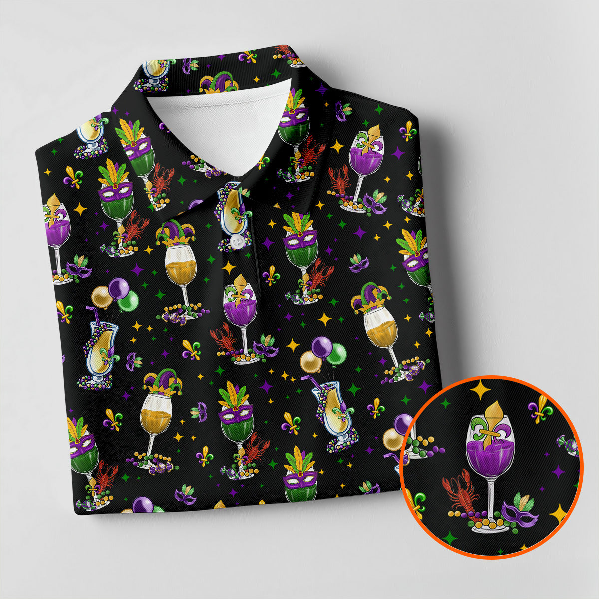 Mardi Gras Wine Glass Beaded Garland Fleur De Lis Black Golf Shirt, Women's Golf Tops, Ladies Golf Polos