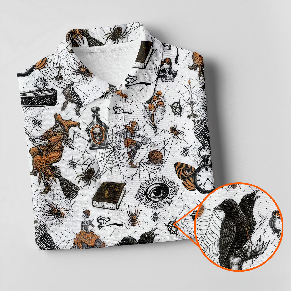 Spider Witch Skull Black Crow Men's Golf Shirt, Halloween Golf Shirt, Halloween Shirt For Men