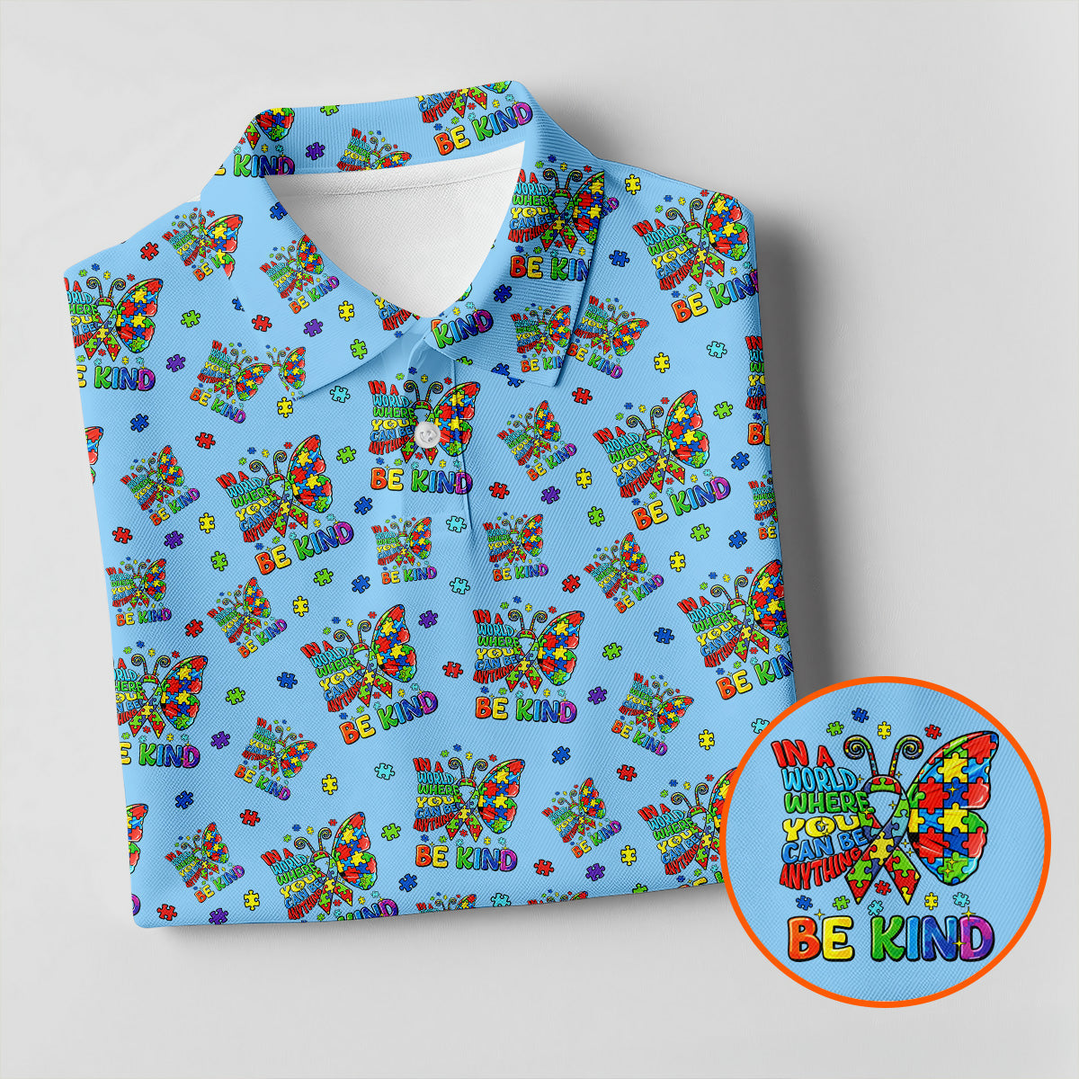 In A World Where You Can Be Anything Be Kind Rainbow Butterfly Autism Awareness Blue Golf Shirt, Golf Shirts For Men