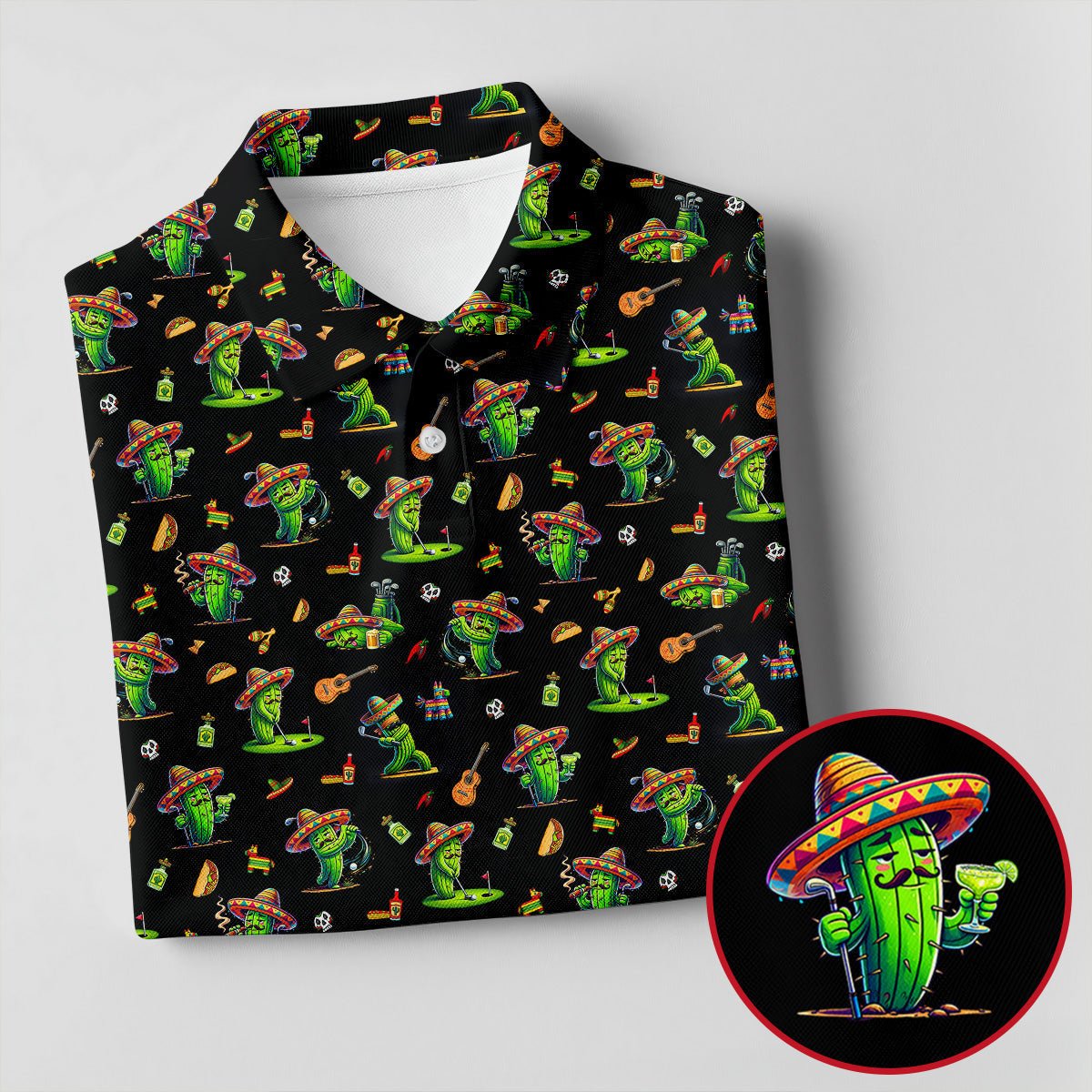 Cartoon Mustach Funny Cactus Cinco De Mayo Celebration Fiesta Themed Black Golf Shirt For Women