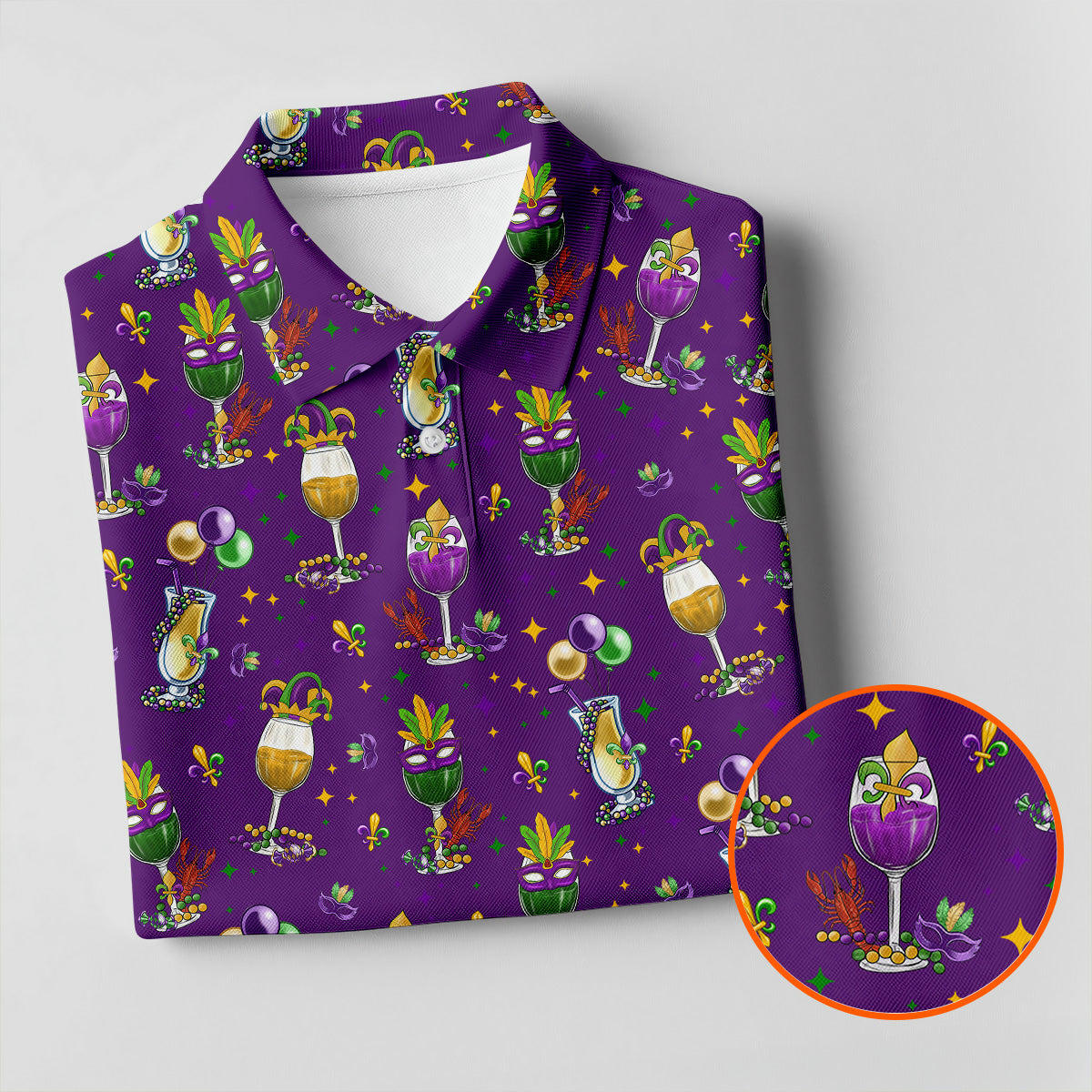 Mardi Gras Wine Glass Beaded Garland Fleur De Lis Purple Golf Shirt, Women's Golf Tops, Ladies Golf Polos