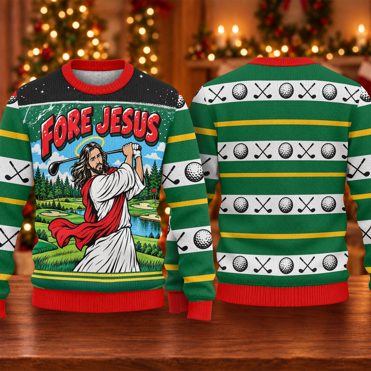 Fore Jesus Golf Swing Ugly Christmas Sweater, Funny Xmas Gift, Christmas Party Outfit