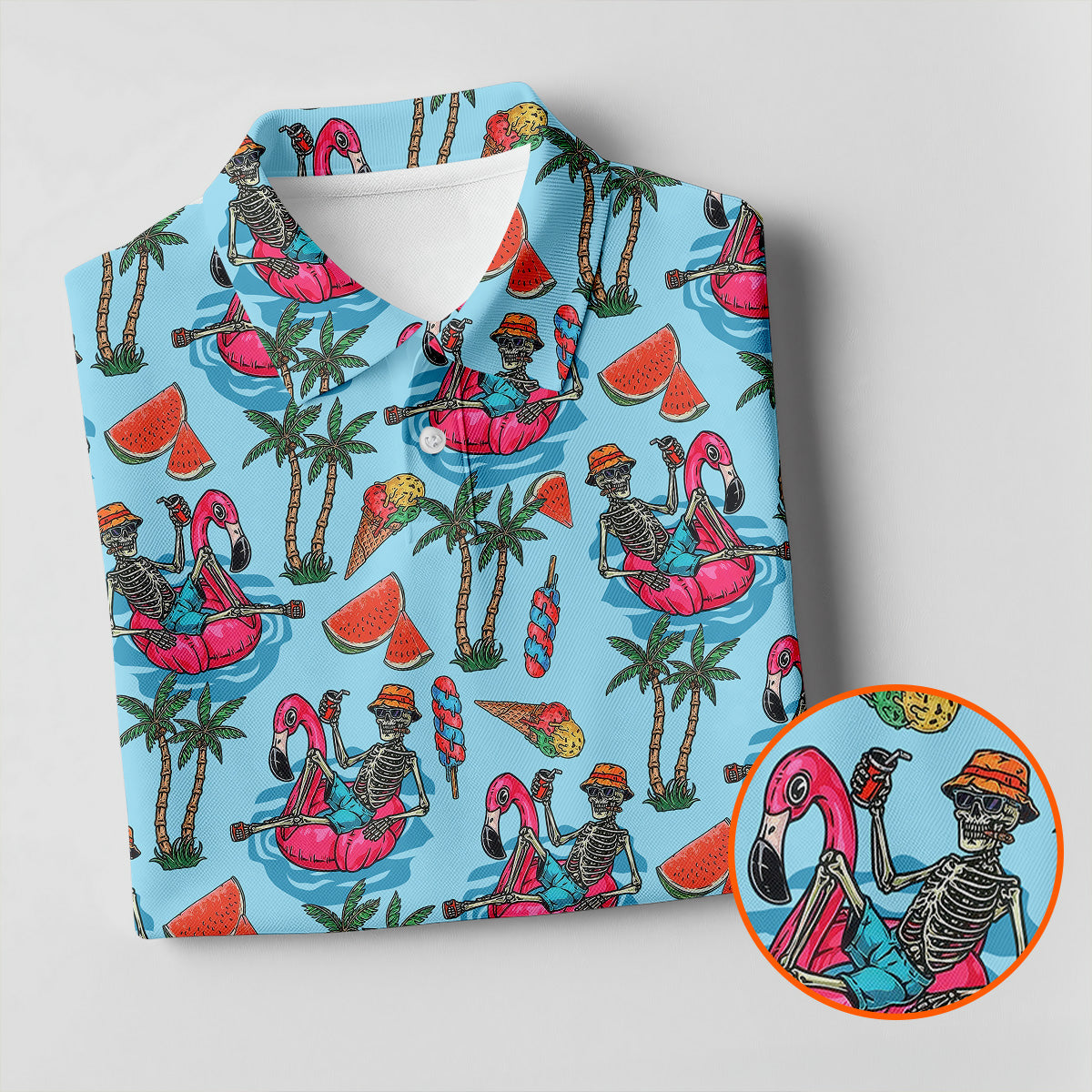 Skeleton Flamingo Summer Vibe Retro Golf Shirt, Men's Funny Golf Shirts, Polo ShirtFor Men, Golf Shirts For Men