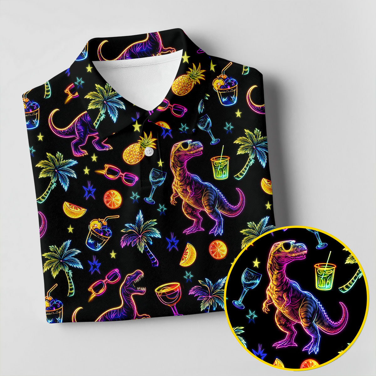 Neon Dinosaur Tropical Theme Hawaiian Golf Shirt, Polo Shirtor Men, Golfing Apparel