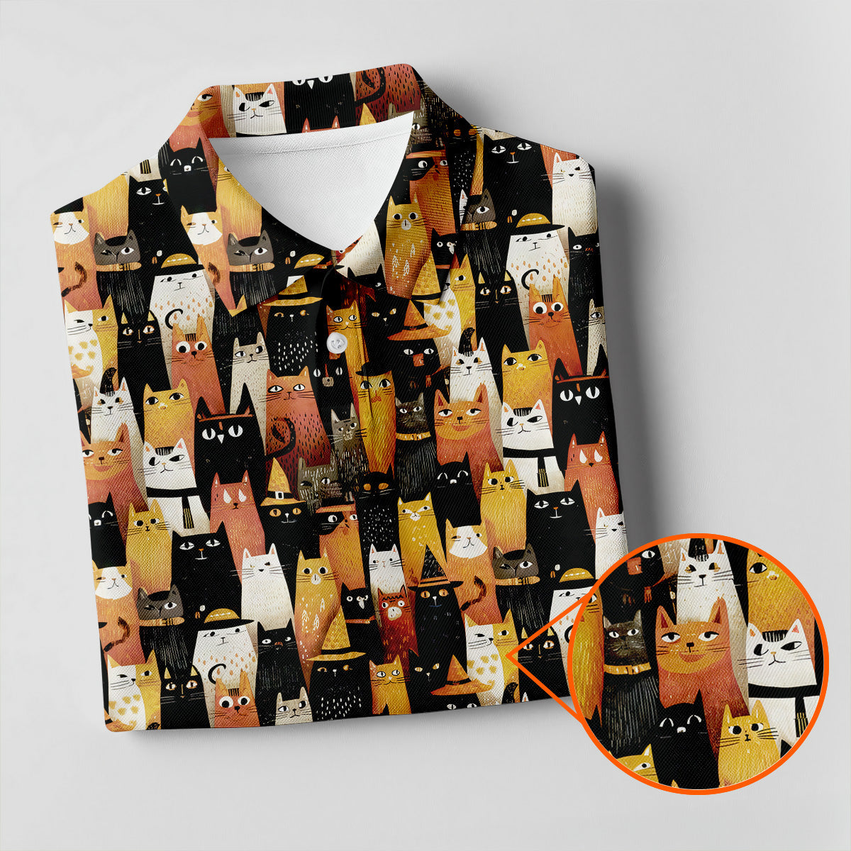 Orange Black Halloween Cat Fun Golf Shirts For Men, Cute Golf Outfit, Polo ShirtFor Men