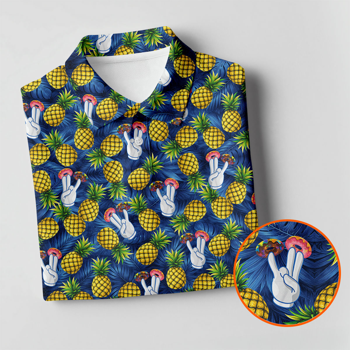 Hawaiian Pineapples Donut Finger Blue Green Yellow Fun Golf Shirts For Men, Polo ShirtFor Men