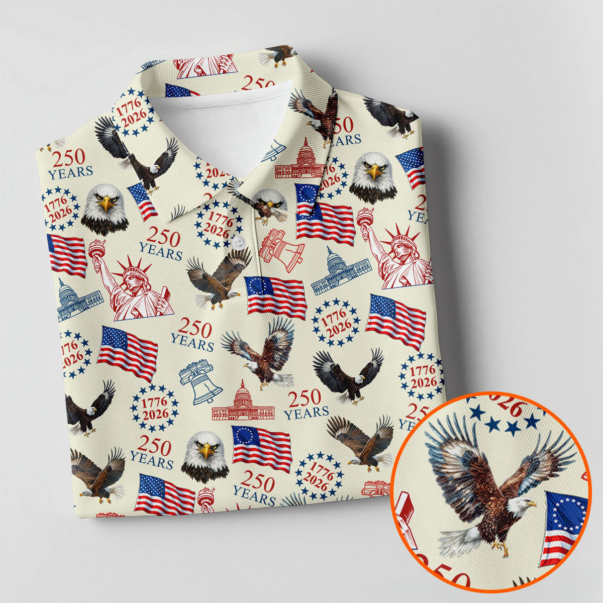 250 Years American Symbol Patriotic Pattern Beige Golf Shirt, 4th Of July Golf Shirt, Golf Shirts For Men