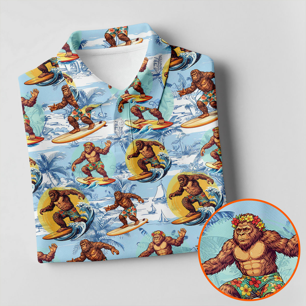 Surfing Bigfoot Hawaiian Golf Shirt, Mens Golf Shirts, Golf Apparel For Men