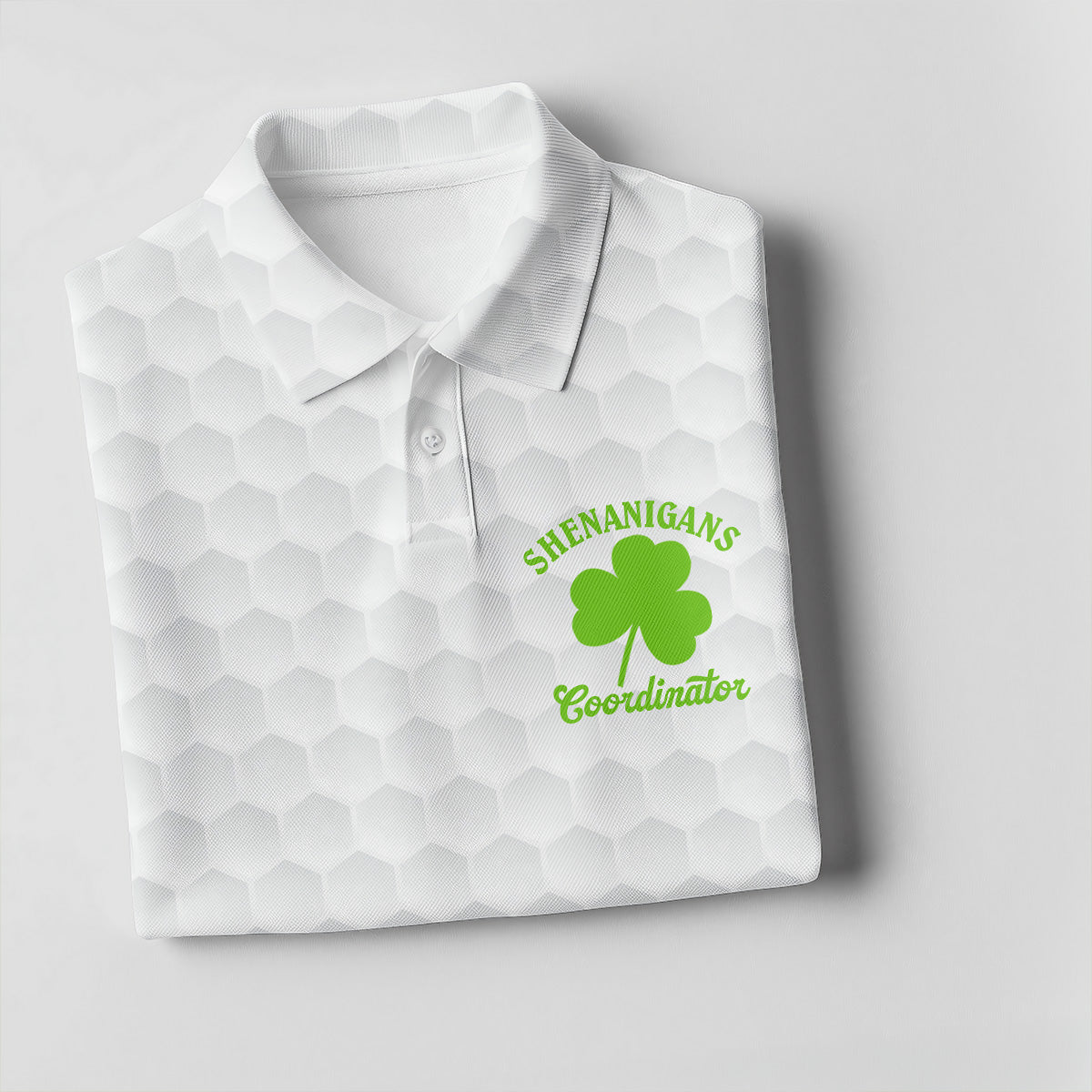 Shenanigans Coordinator Golf Ball Pattern St Patrick Day White Golf Shirt, Women's Golf Tops, Ladies Golf Polos