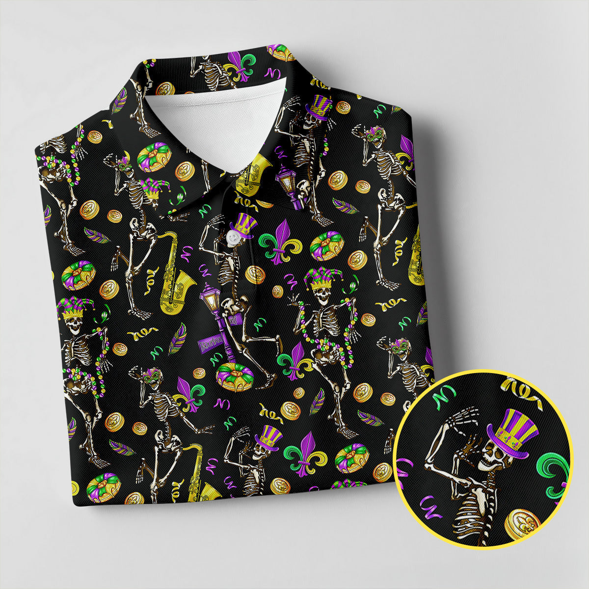 Dancing Skeleton Mardi Gras Fleur De Lis Black Golf Shirt, Polo ShirtFor Men, Golf Shirts For Men