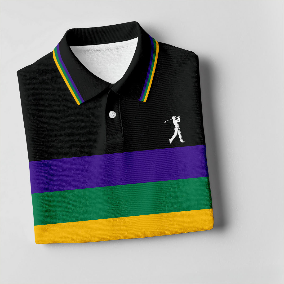 Mardi Gras Purple Green Gold Horizontal Stripes Black Golf Shirt, Women's Golf Shirts, Ladies Golf Polos