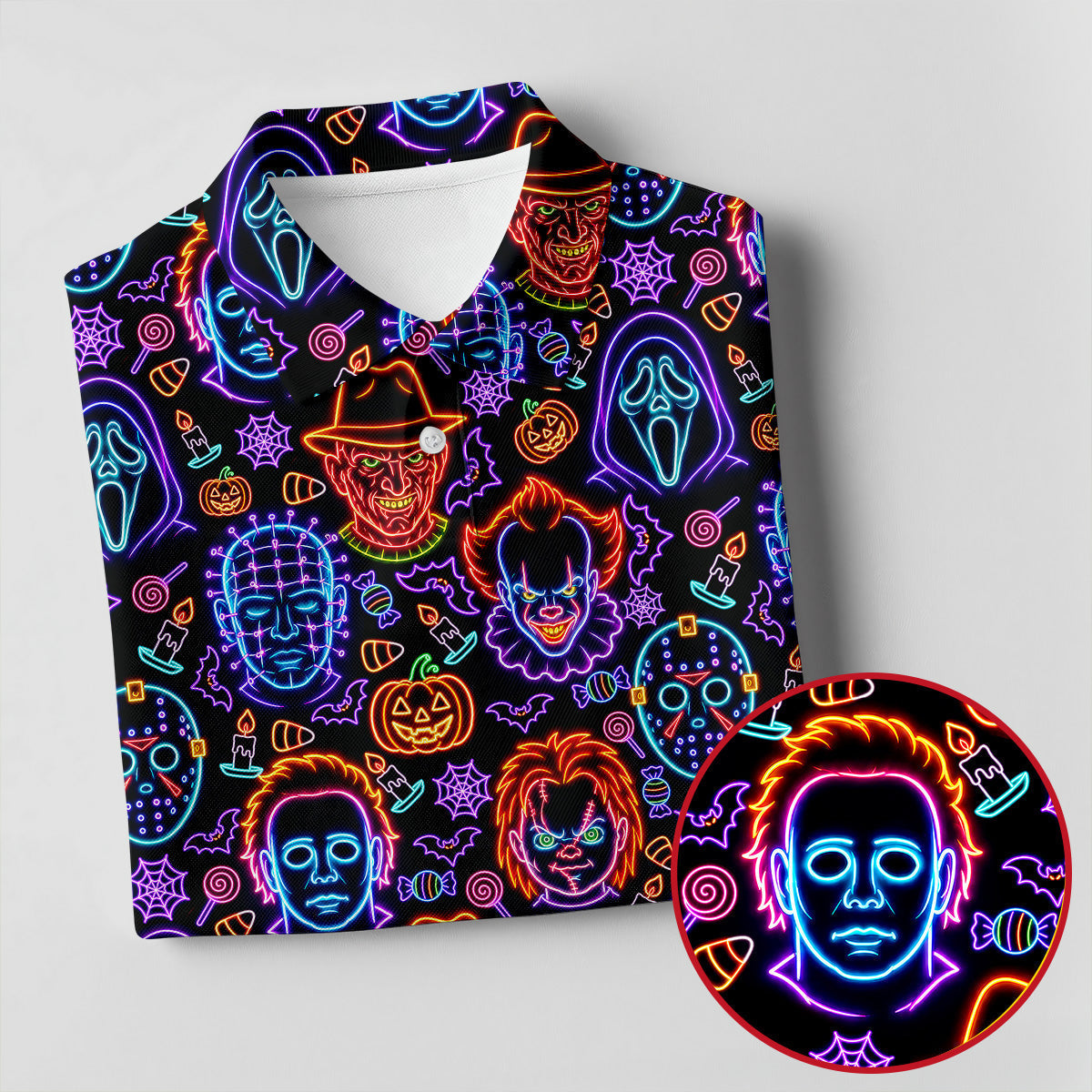 Neon Horror Character Movie Villain Pattern Golf Polo Shirt, Men's Golf Polo, Hawaiian Golf Shirt