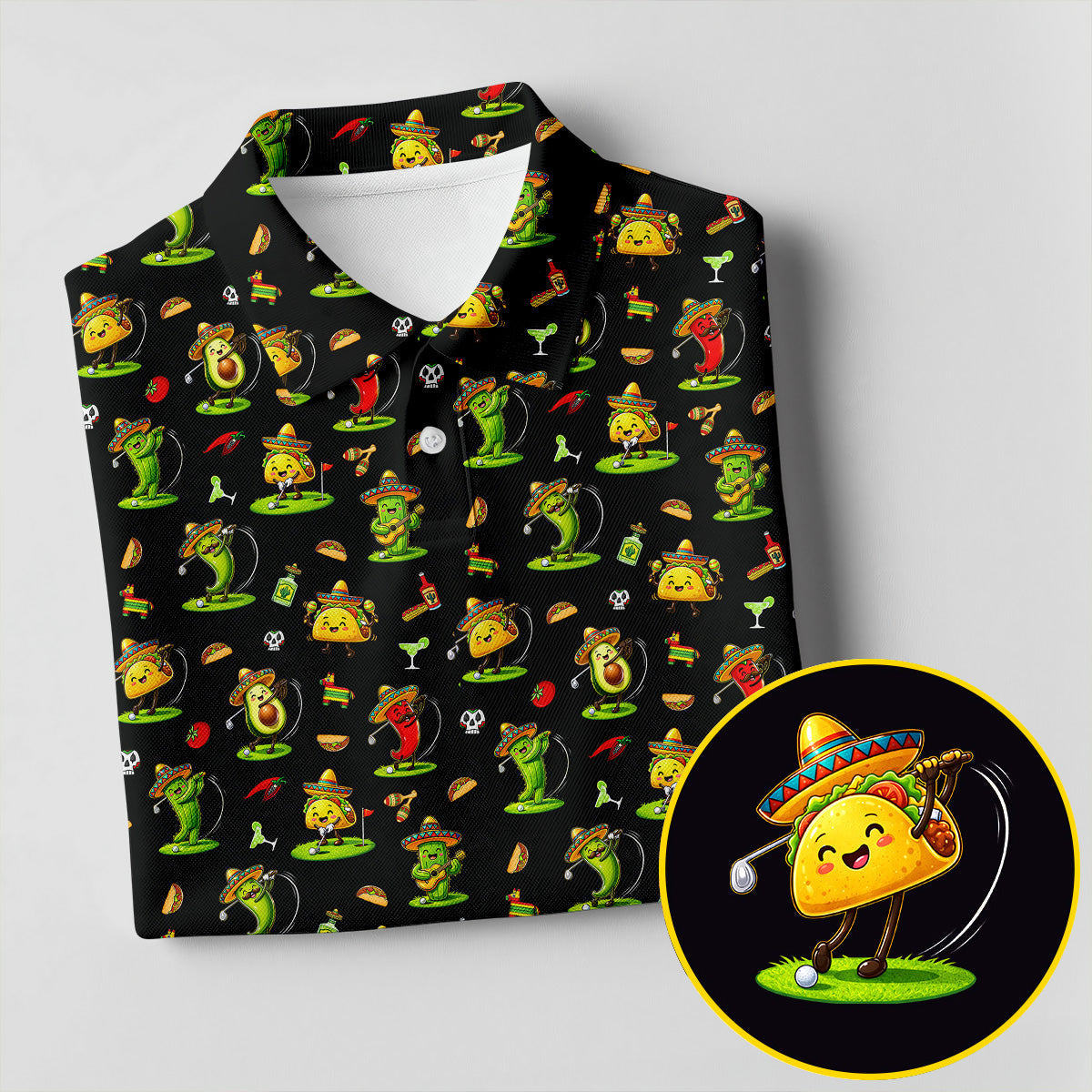 Mexican Cartoon Food Characters Cinco De Mayo Celebration Fiesta Themed Black Golf Shirt For Women