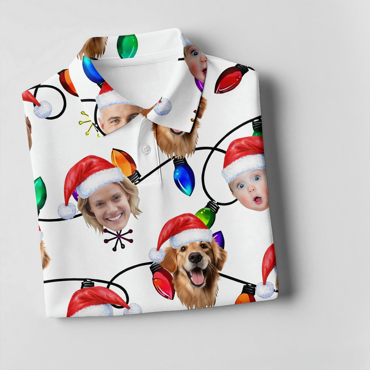 Custom Family Portrait Christmas Lights Pattern Women Golf Top, Christmas Golf Shirt, Ladies Golf Tops