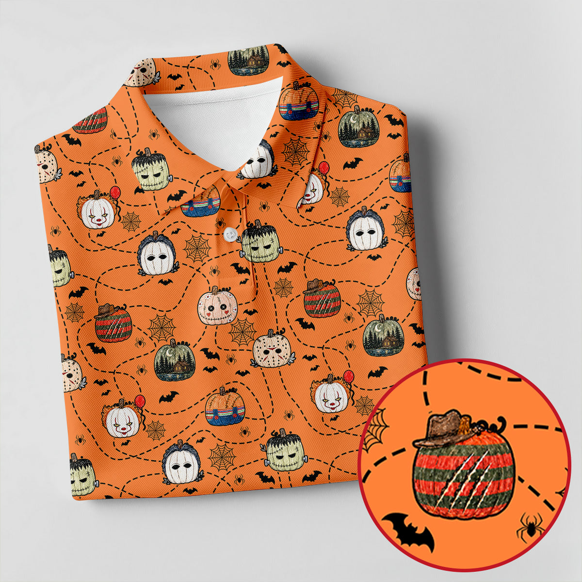 Orange Horror Character Pumpkin Pattern Golf Polo Shirt, Printed Golf Shirts, Mens Golf Polo