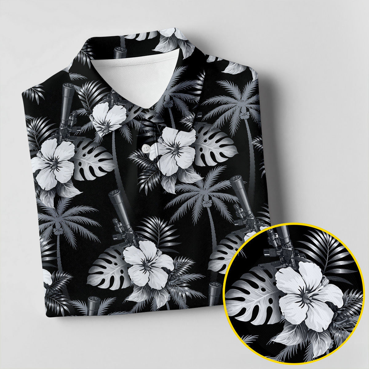 White Hibicus Black Hawaiian Golf Shirt, Tropical Summer Theme Golf Shirt For Women
