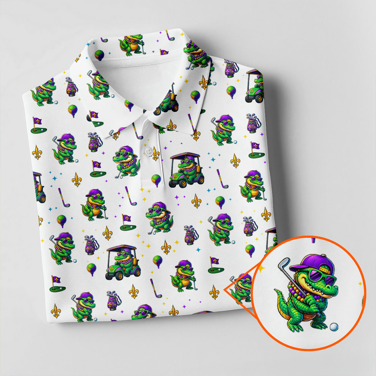 Funny Crocodile Mardi Gras Golf Shirts, White Golf Shirt, Festive Women Golf Top, Ladies Golf Shirts