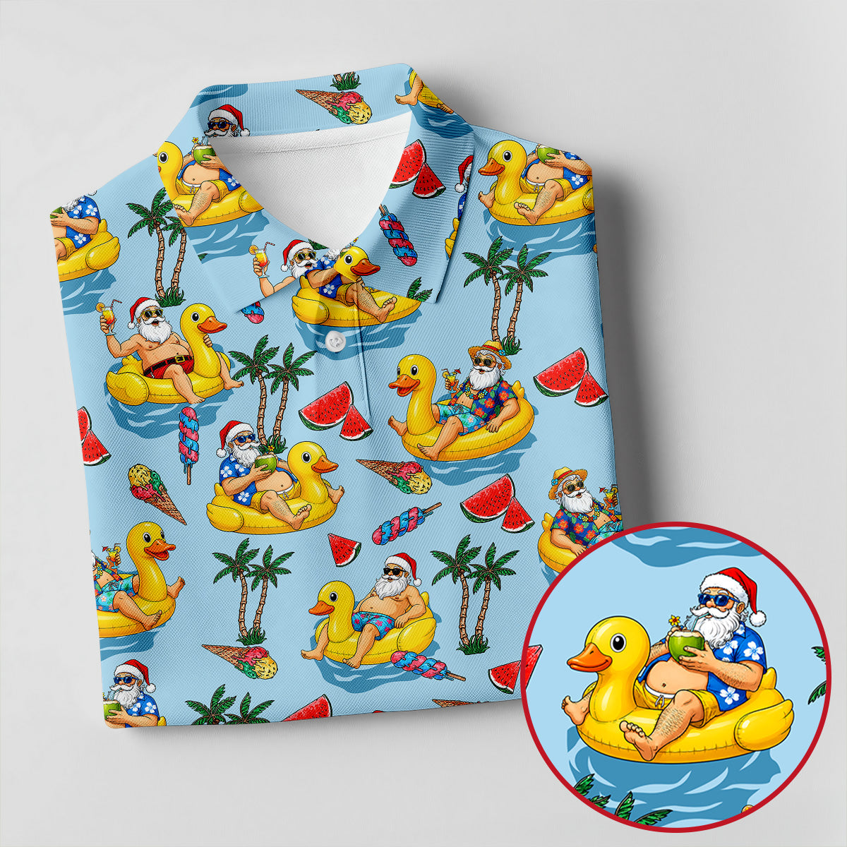 Men's Santa Duck Pool Float Hawaiian Golf Shirt, Christmas Golf Shirt, Golf Apparel For Men