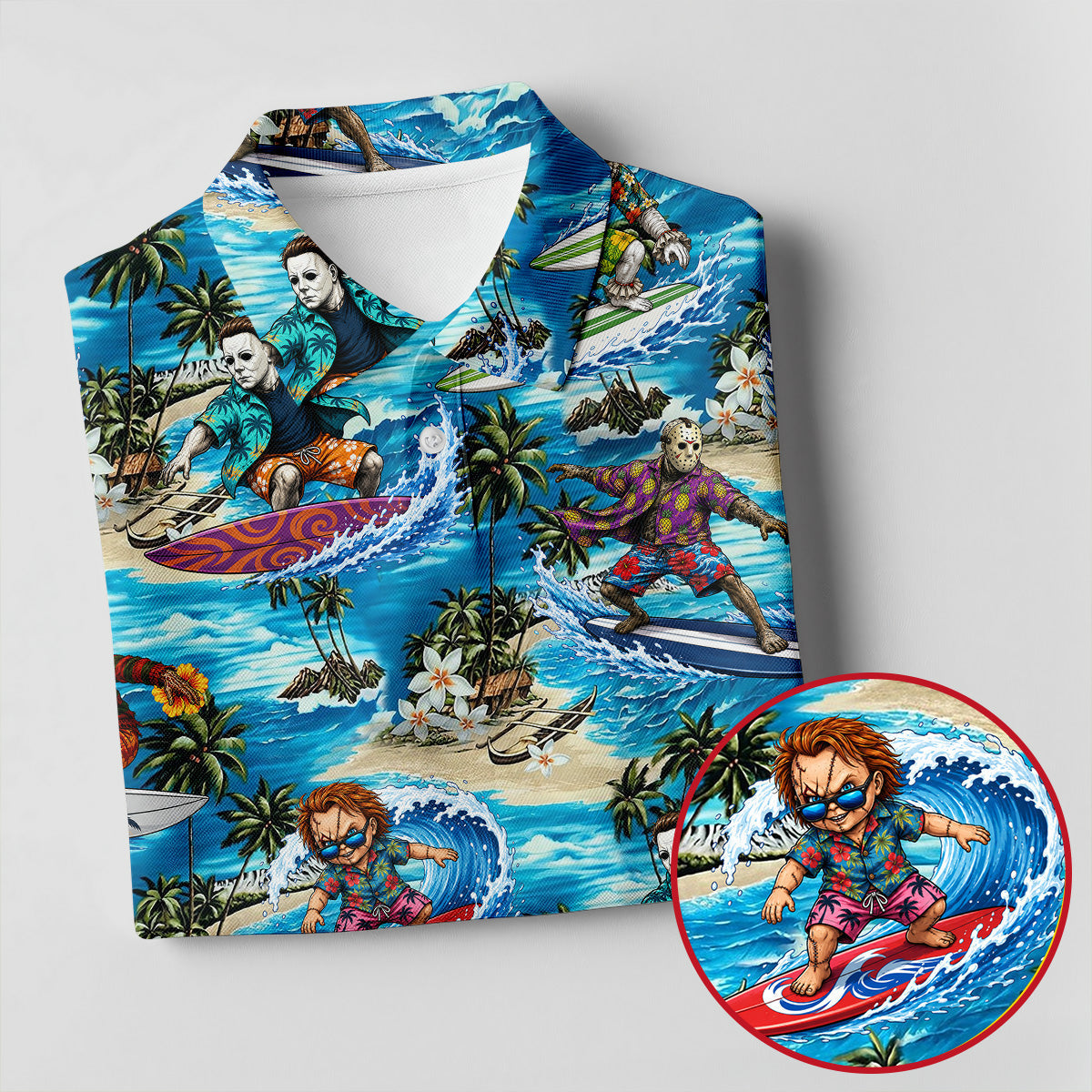 Horror Character Surfing Hawaiian Golf Shirt, Tropical Slasher Golf Shirt, Golf Shirts For Men