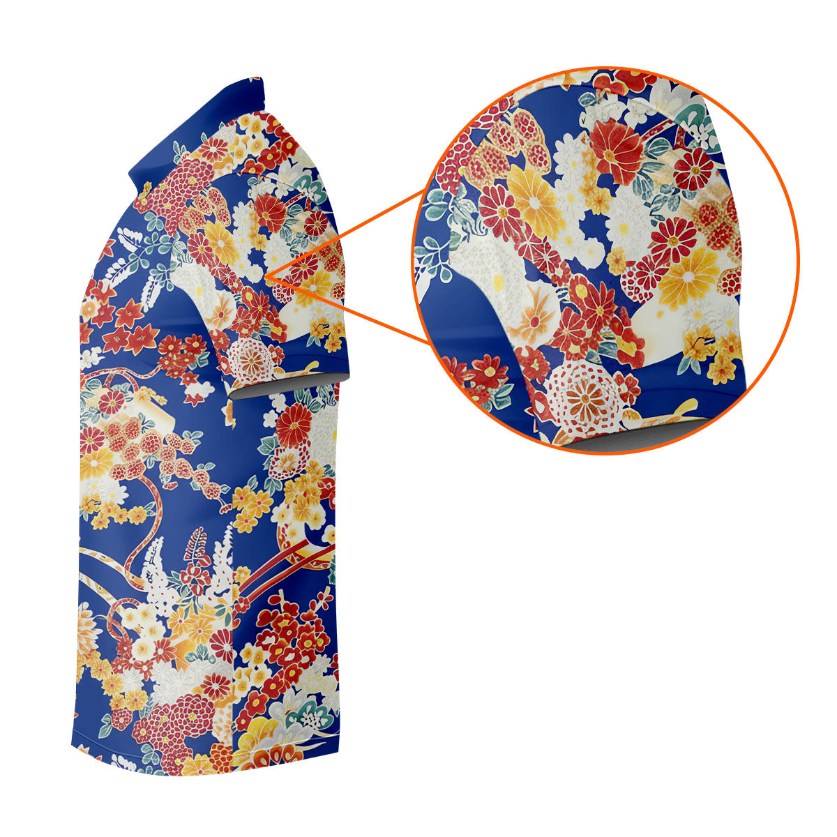 Royal Blue Japanese Floral Pattern Golf Shirt, Mens Golf Apparel, Printed Golf Shirts
