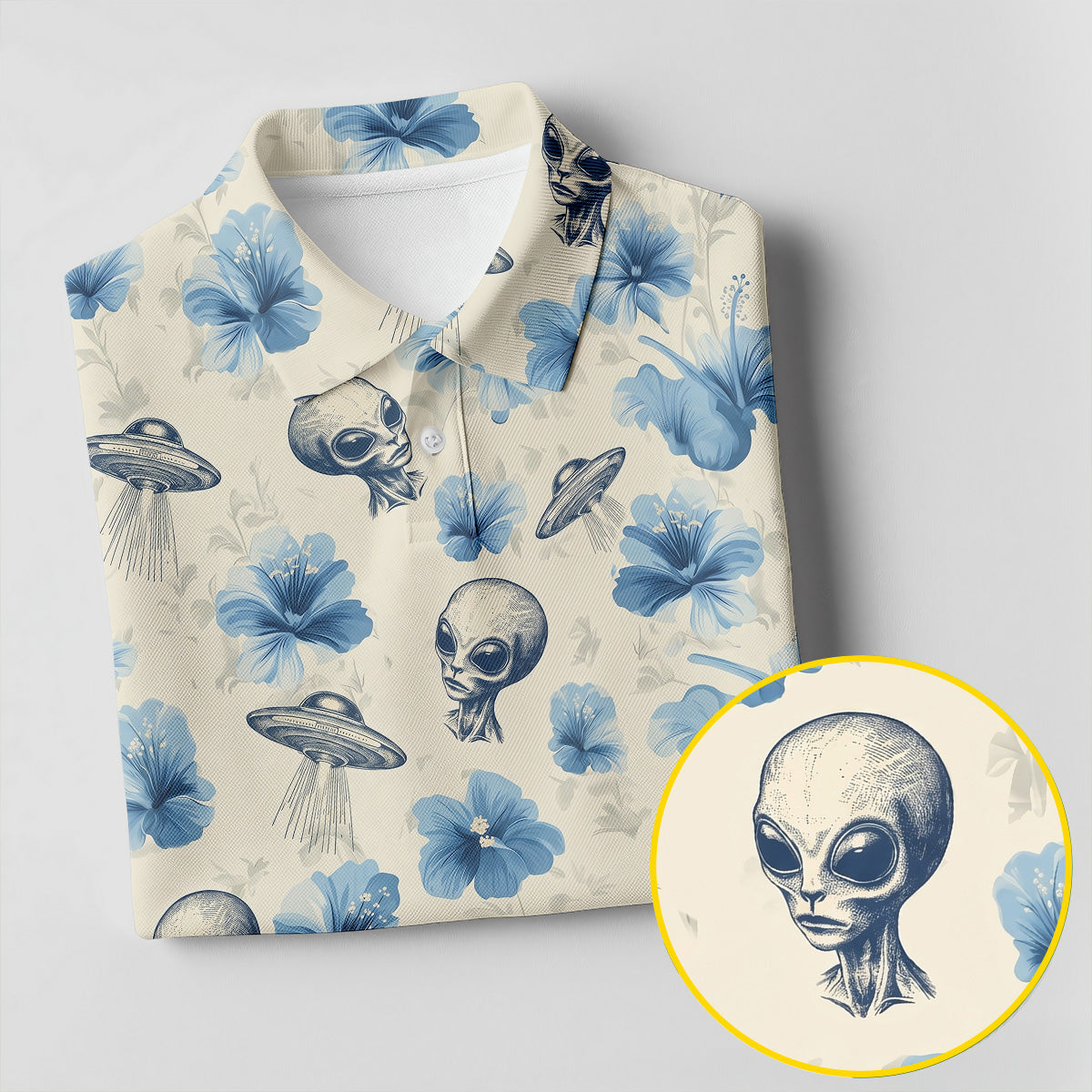 Funny Alien Blue Hibicus Tropical Theme Hawaiian Golf Shirt, Polo ShirtFor Men, Golfing Apparel