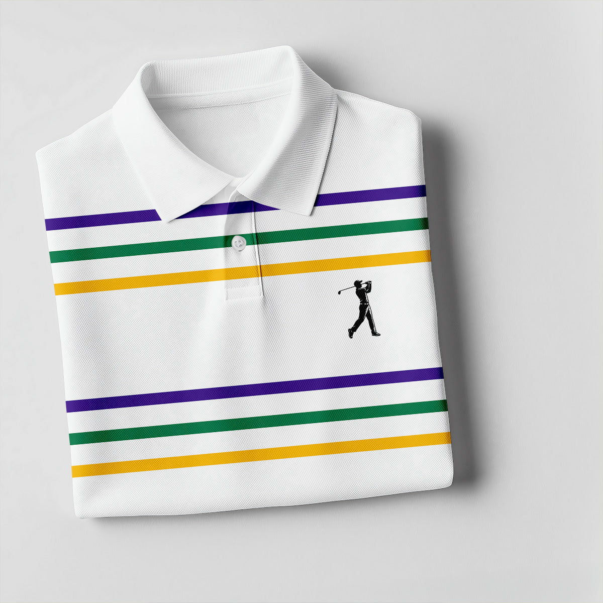 Mardi Gras Purple Green Gold Stripe Pattern Golf Tops For Men, Men's White Polo, Golf Shirts For Men