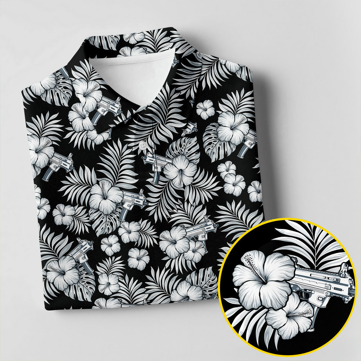 Black And White Pattern Tropical Hawaiian Golf Shirt, Summer Theme Golf Shirt For Women