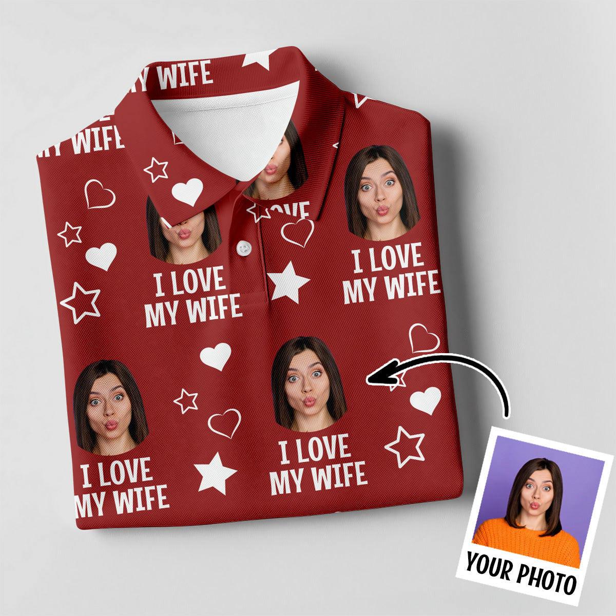 I Love My Husband Custom Face Red Golf Shirt, Fun Women's Golf Shirts, Valentines Golf Gift, Ladies Golf Shirts