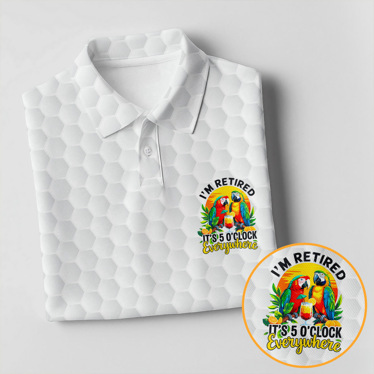 White Tropical Parrot Happy Retirement Golf Polo Shirt, Hawaiian Golf Shirt, Mens Golf Shirts