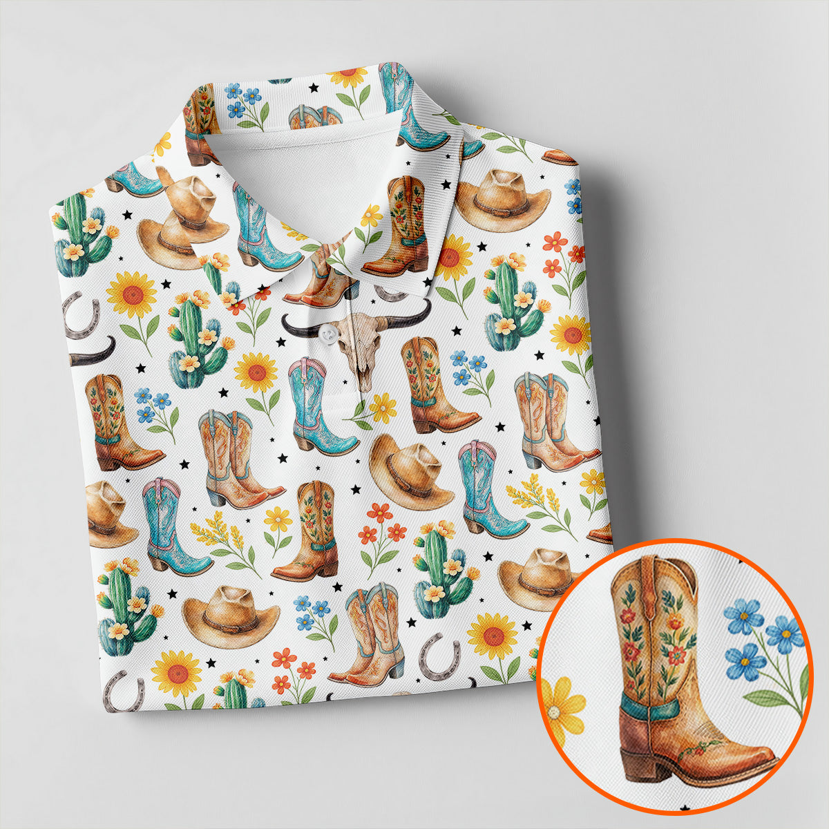 Western Cowboy Boots Floral Pattern Golf Shirt, Women’s Golf Apparel, Golf Shirts For Women